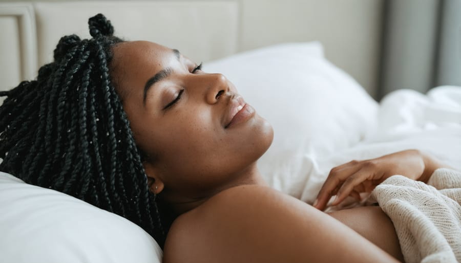 Close-up of relaxed woman with clear skin resting peacefully on pillow