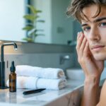 Young adult applying moisturizer at a bathroom vanity with an unbranded vape pen next to skincare bottles, soft morning light, and a blurred mirror, towels, and plant in the background.
