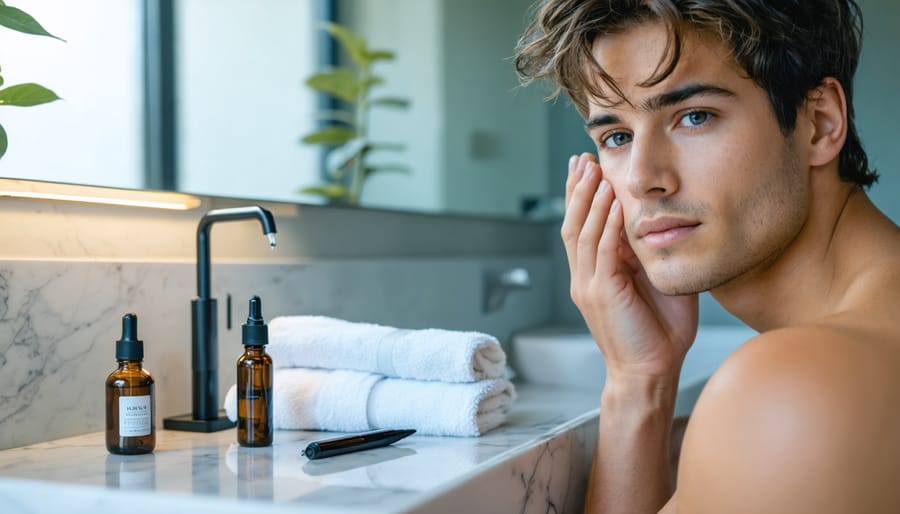 Young adult applying moisturizer at a bathroom vanity with an unbranded vape pen next to skincare bottles, soft morning light, and a blurred mirror, towels, and plant in the background.