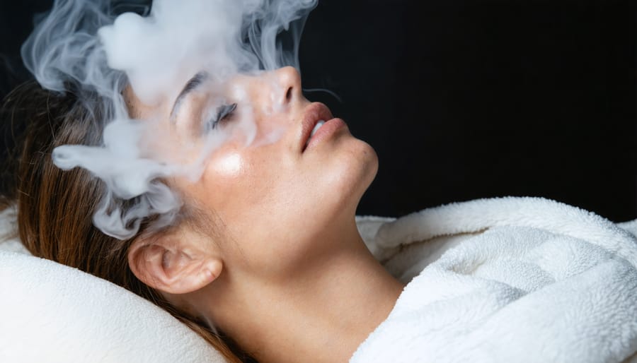 Overhead view of THCa disposable vape and skincare products arranged on bathroom counter