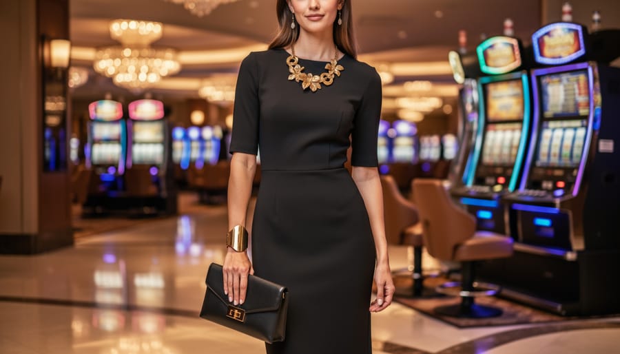 Flat lay of casino night accessories including jewelry, clutch purse, and ankle boots on marble surface