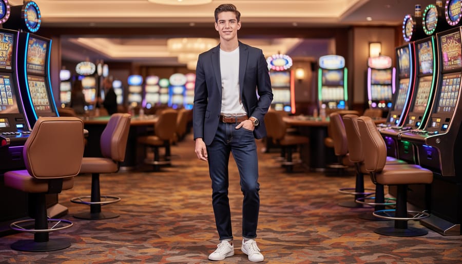 Young woman wearing dark jeans and blazer at casino table in elegant setting