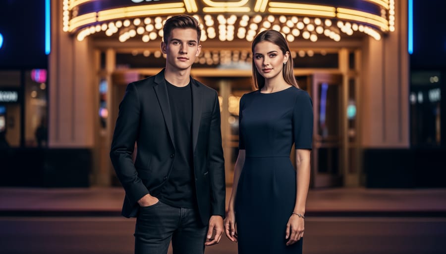 Two young adults outside a casino at night, one wearing a black blazer with dark jeans and the other in a midi dress, lit by warm marquee lights with a blurred, signage-free background.