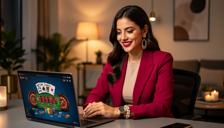 Young woman in sparkly black blazer and gold jewelry positioned for webcam view