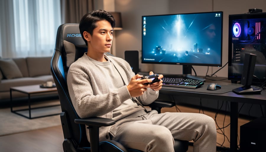 College student in silk camisole and cardigan working at home desk in comfortable elegant outfit
