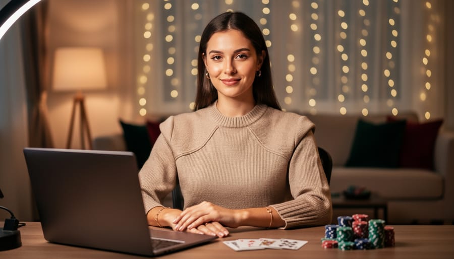 Waist-up photo of a stylish person in cozy knitwear at a laptop during a virtual casino night, softly lit by a ring light with poker chips and face-down cards on the desk and a blurred, warm living room behind them.