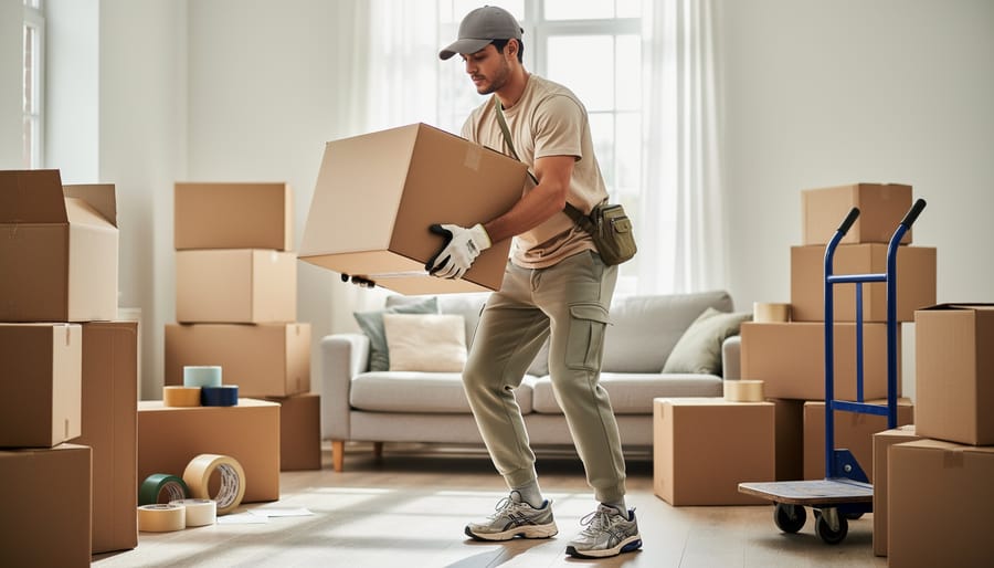 Flat lay of comfortable moving day outfit with leggings, t-shirt, hoodie and trainers on wooden floor