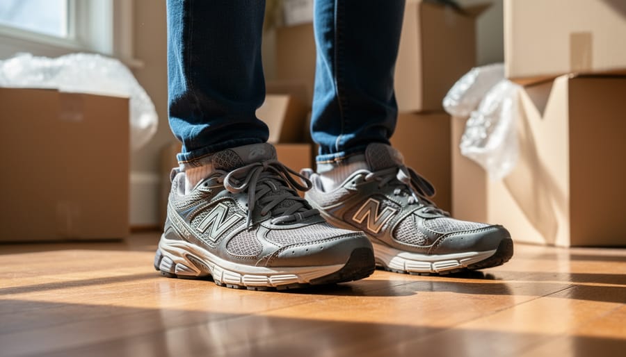 Close-up of comfortable white trainers standing on cardboard moving boxes