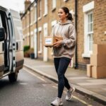 Person in an oversized hoodie over an athletic tank with high-waisted leggings and running shoes, carrying a box next to a small moving van on a UK terraced street, with houses and extra boxes softly blurred in the background