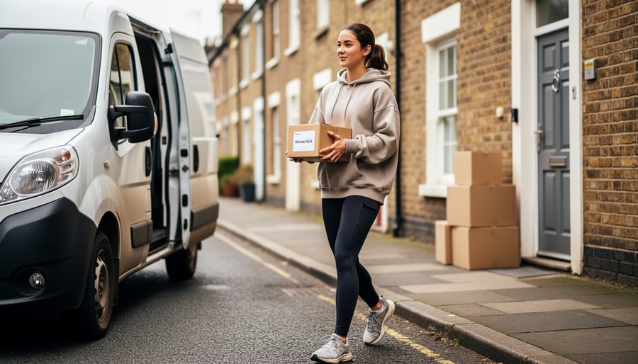 Person in an oversized hoodie over an athletic tank with high-waisted leggings and running shoes, carrying a box next to a small moving van on a UK terraced street, with houses and extra boxes softly blurred in the background