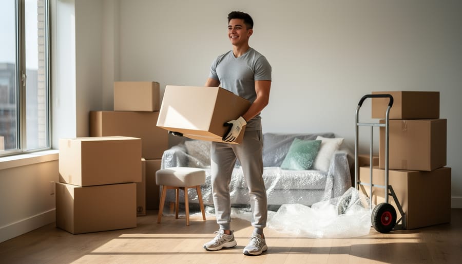 Woman in comfortable casual moving outfit holding box in bright empty room