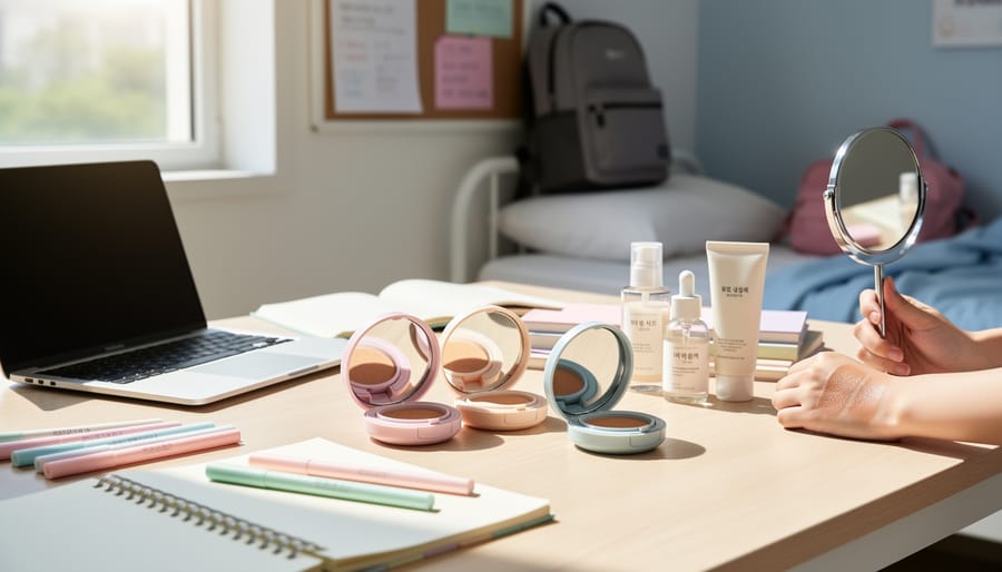 Close-up lifestyle scene of a college student’s vanity with cushion compact, glow base, lip tint, and makeup brushes on a desk.