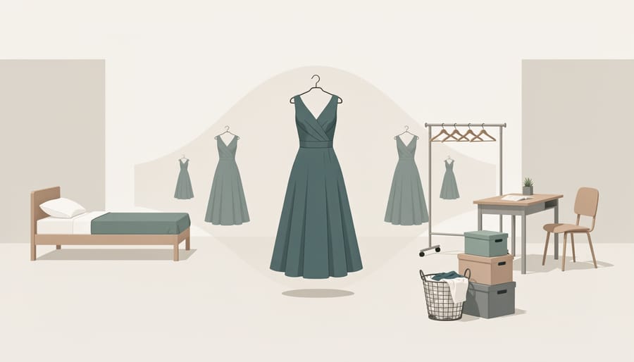 A dress laid out on a dorm bed with styling accessories to suggest re-wear potential.