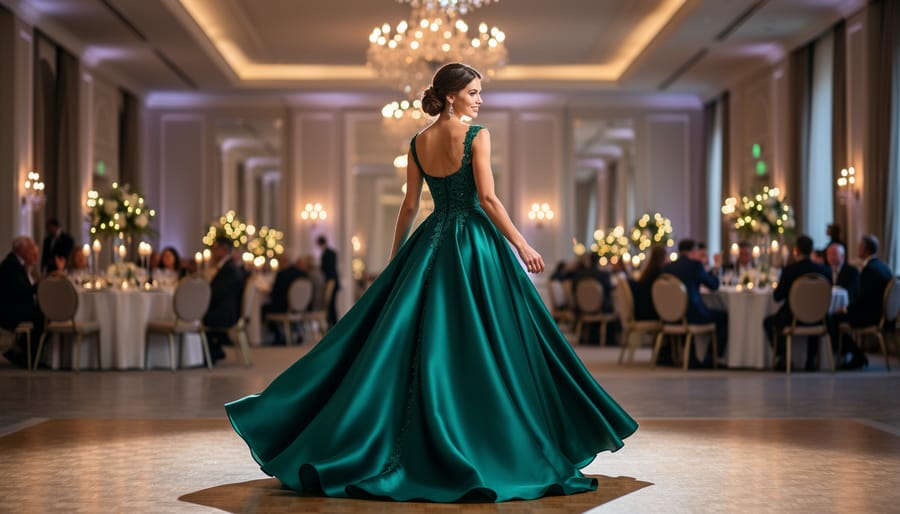 A long formal dress on a mannequin inside a dim event venue under dramatic side lighting.