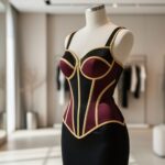 Corset-style bodycon dress displayed on a mannequin in a bright boutique with a softly blurred background.