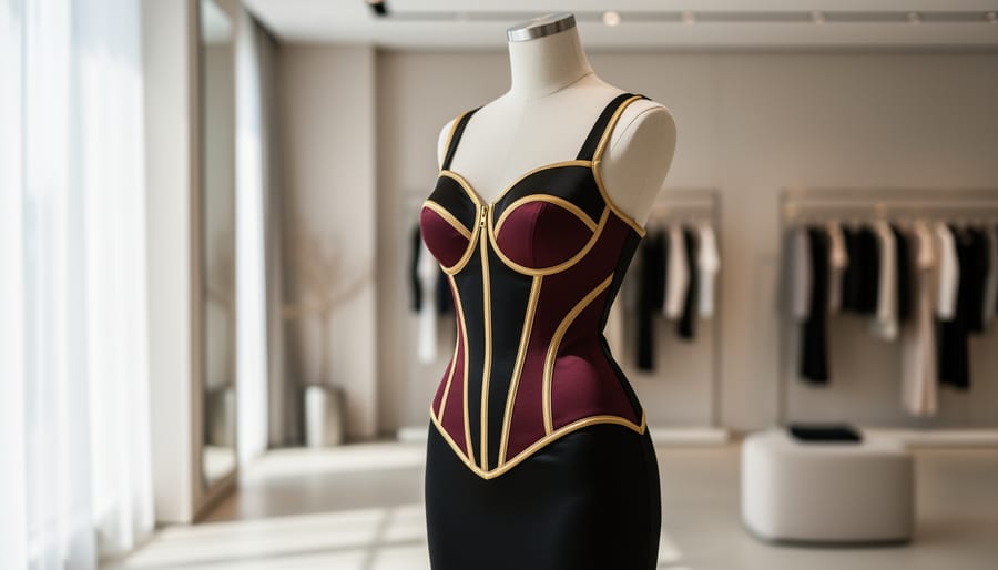 Corset-style bodycon dress displayed on a mannequin in a bright boutique with a softly blurred background.
