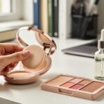 Close-up of a student applying cushion foundation with Korean makeup products on a desk in soft natural light.