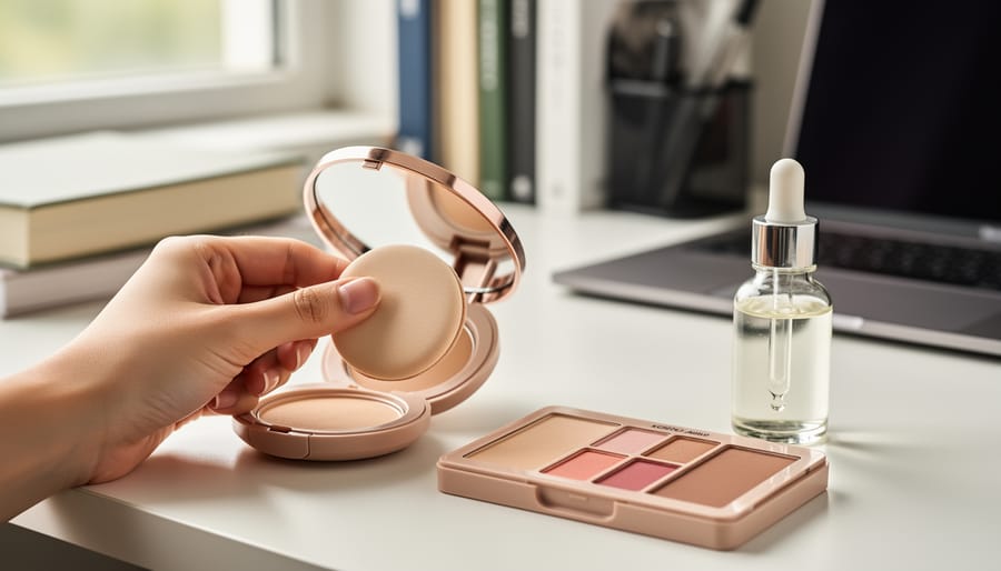 Close-up of a student applying cushion foundation with Korean makeup products on a desk in soft natural light.