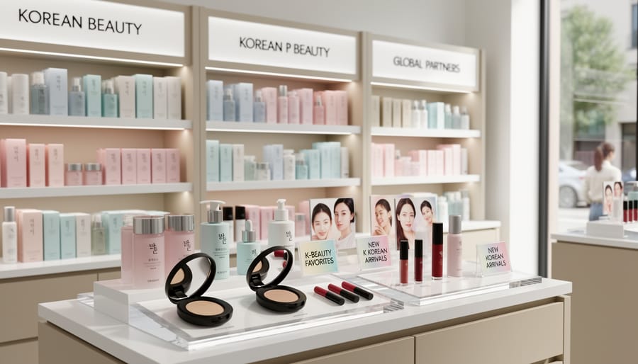 Beauty products displayed in a modern Sephora-style retail setting with skincare and makeup arranged on acrylic trays.