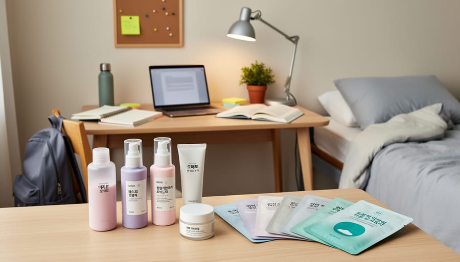 A Canadian college student applying skincare at a dorm desk with Korean cosmetics products arranged nearby