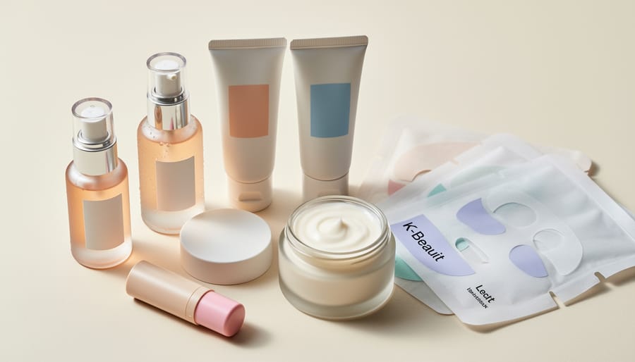 Close-up assortment of Korean skincare items including serum, cream, sheet mask, and cleanser on a vanity tray