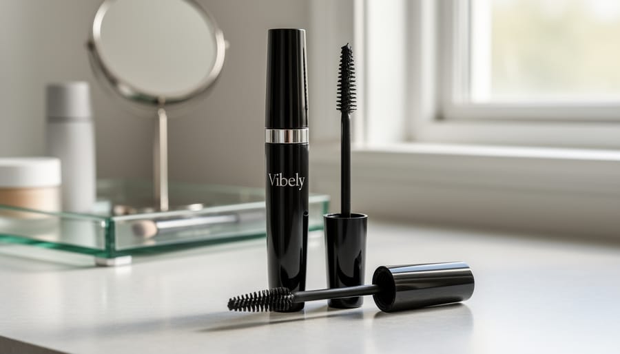 Close-up of Lash Cosmetics Vibely mascara tube and dual-brush wand on a clean vanity surface.