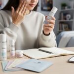 A Canadian college student applying skincare at a dorm desk with Korean beauty products and sheet masks nearby.