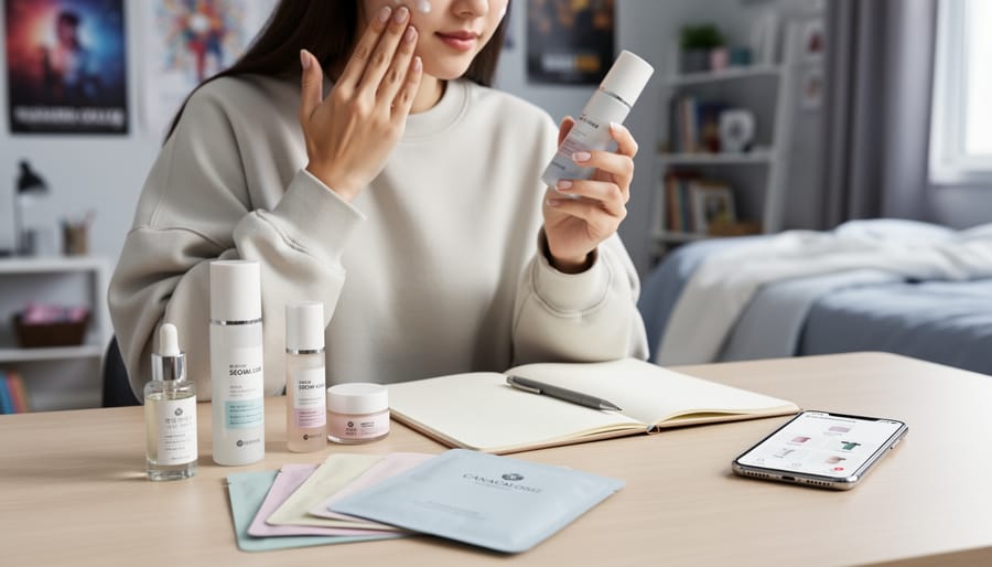 A Canadian college student applying skincare at a dorm desk with Korean beauty products and sheet masks nearby.