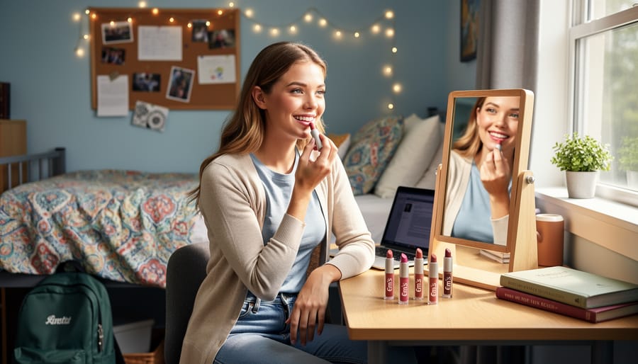 College student applying lip color in a bright dorm room vanity setup.