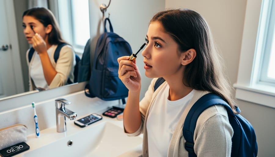 College student applying mascara at a desk with a small handheld mirror in natural window light.
