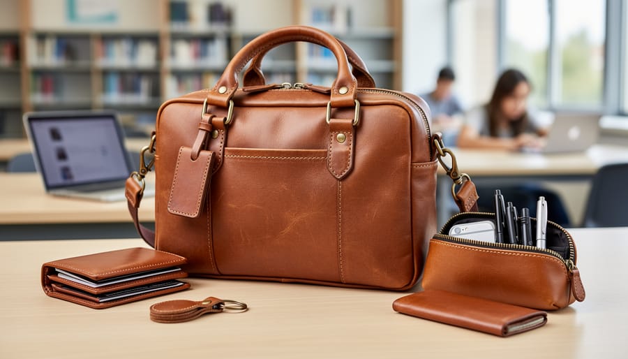 College student’s handmade leather crossbody bag and cardholder on a library table next to a closed laptop