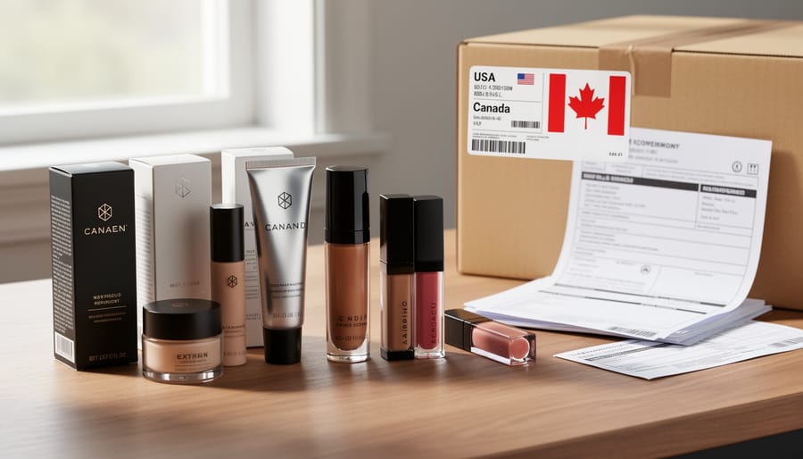 Cosmetics parcel and bubble-wrapped package on a desk with a laptop and wallet in the background.