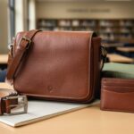 Handmade leather crossbody bag, belt, and cardholder arranged on a college student desk with books and a notebook in soft natural light.