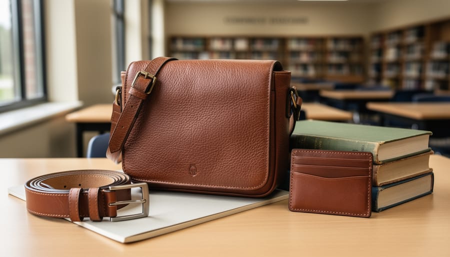 Handmade leather crossbody bag, belt, and cardholder arranged on a college student desk with books and a notebook in soft natural light.