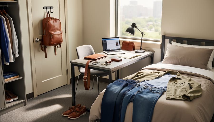 Handmade leather backpack and phone case on a dorm bed near study materials