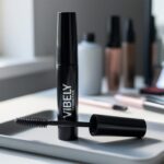 Close-up of the Lash Cosmetics Vibely mascara tube and dual-brush flip-around wand on a clean vanity surface under soft daylight.