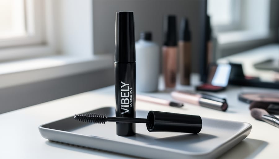 Close-up of the Lash Cosmetics Vibely mascara tube and dual-brush flip-around wand on a clean vanity surface under soft daylight.