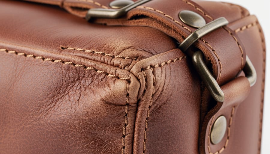 Macro close-up of handmade leather wallet and belt showing leather grain, stitching, and metal buckle details