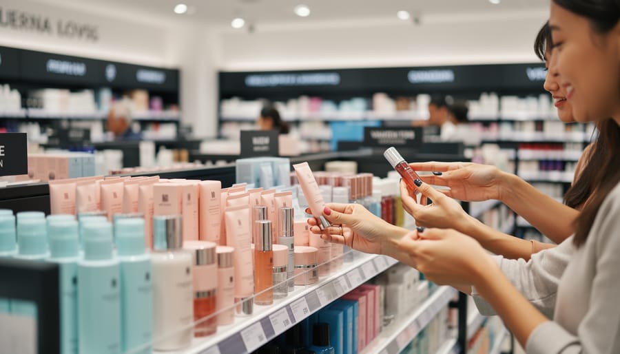 Shoppers browsing Korean beauty products in a Canadian retail store with items visible in the foreground