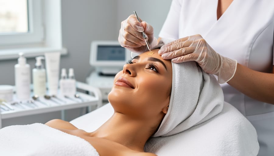 An esthetician applying a facial mask to a client during a professional skincare session.