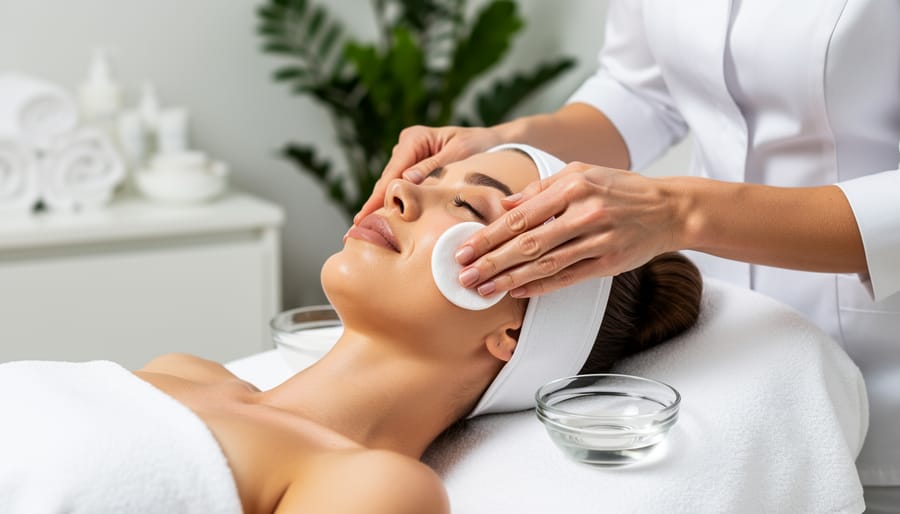 A therapist applying an exfoliating skincare treatment to a client’s face in a professional setting.