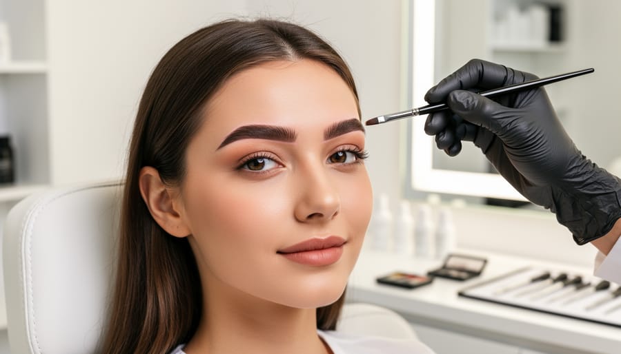 A makeup artist shaping a client’s eyebrows during a professional brow appointment.