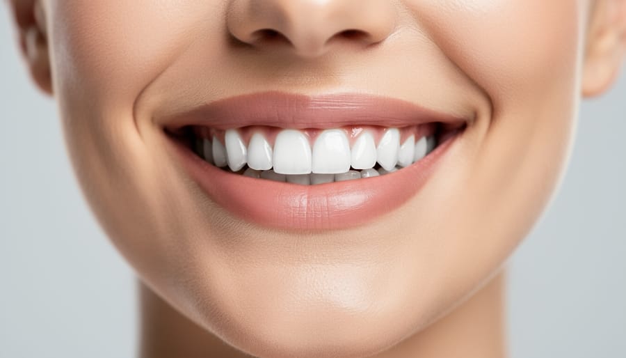 Close-up of a young adult smiling with bright teeth in soft studio lighting.