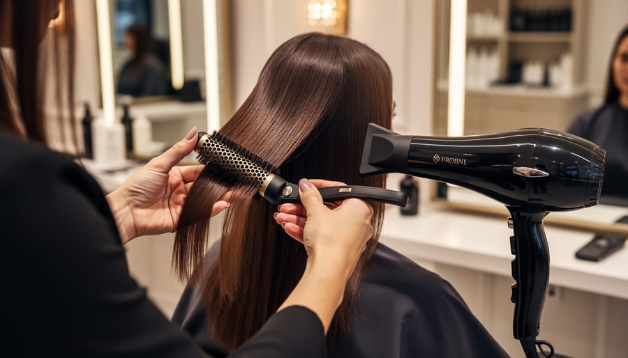 A hairstylist combing and styling a client’s hair in a salon with styling tools nearby.