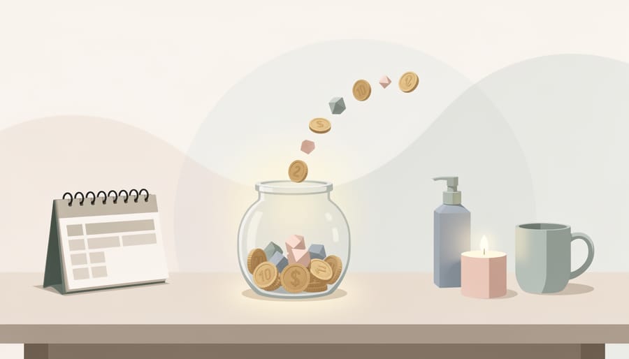 Hands placing money into a clear jar on a tidy desk, symbolizing saving for self-care.