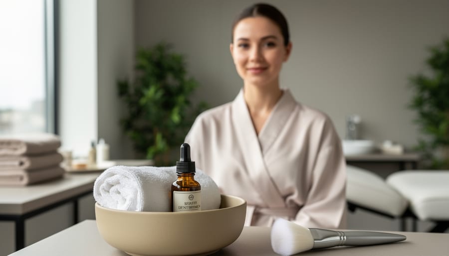 A young adult in a modern spa lounge with a towel and an amber essential-oil bottle in the foreground, suggesting intentional self-care treatments.