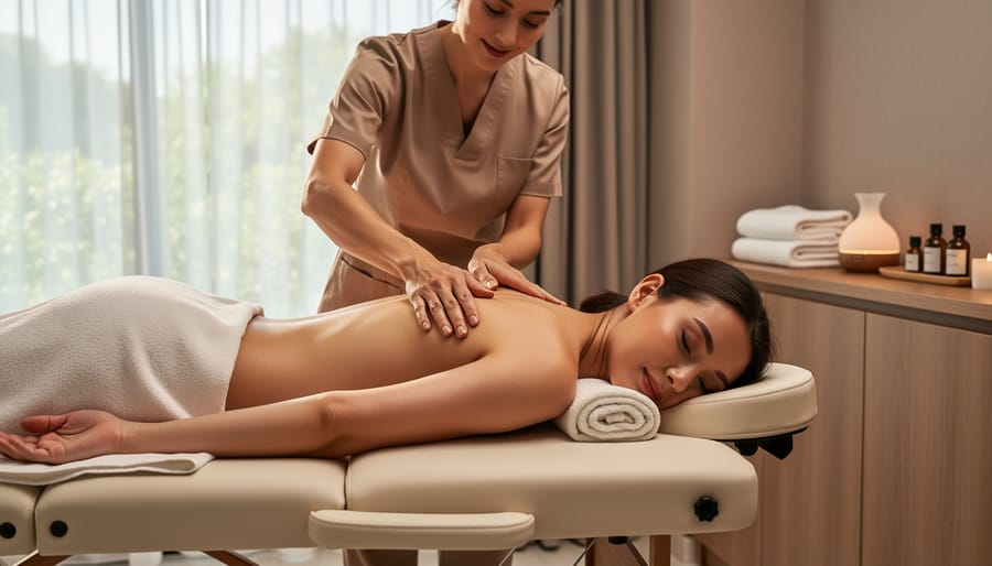 A therapist performing a therapeutic massage on a client’s upper back in a calm spa room.