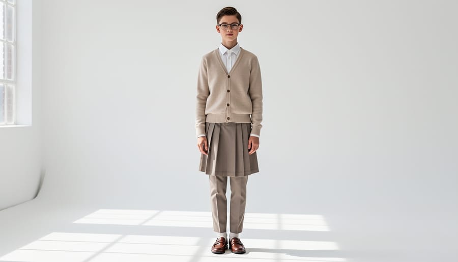 Cardigan and pleated skirt with loafers and eyeglasses laid out on a wooden library table