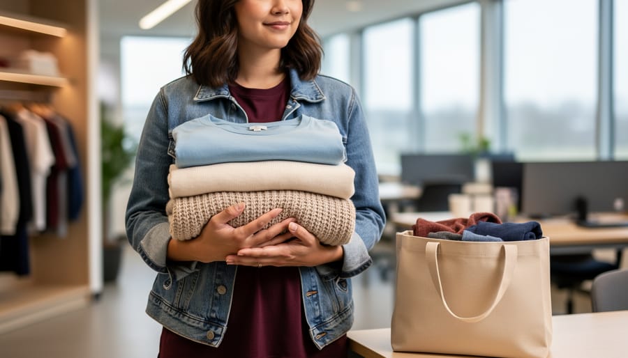 A college student holding folded budget-friendly clothing items like a denim jacket and knit sweater in a campus setting.