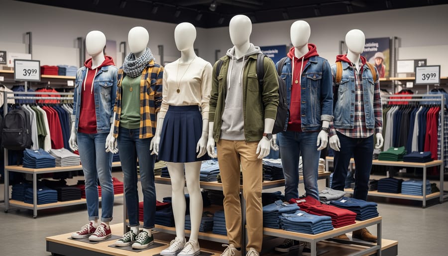 Mannequin clothing display outside an affordable fashion retailer storefront